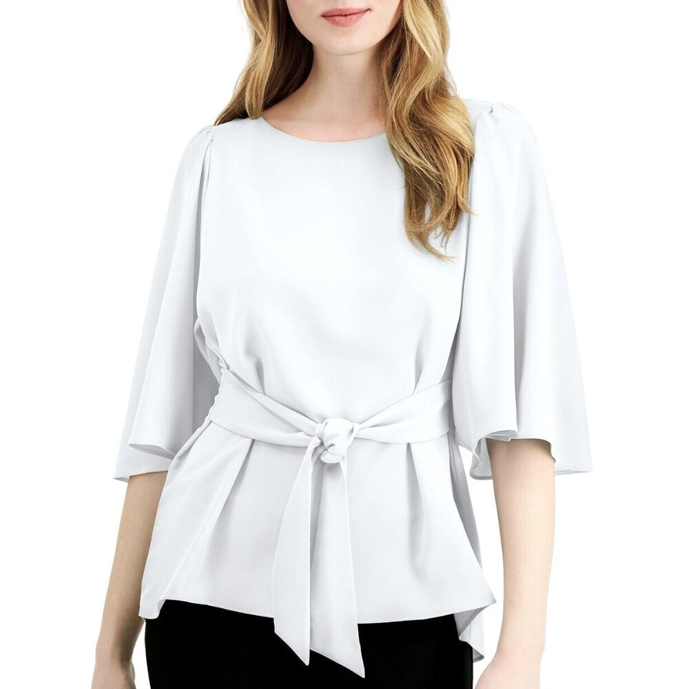 NWT Alfani Women's S White Scoop Neck Tie Short Flutter Sleeve Top Blouse